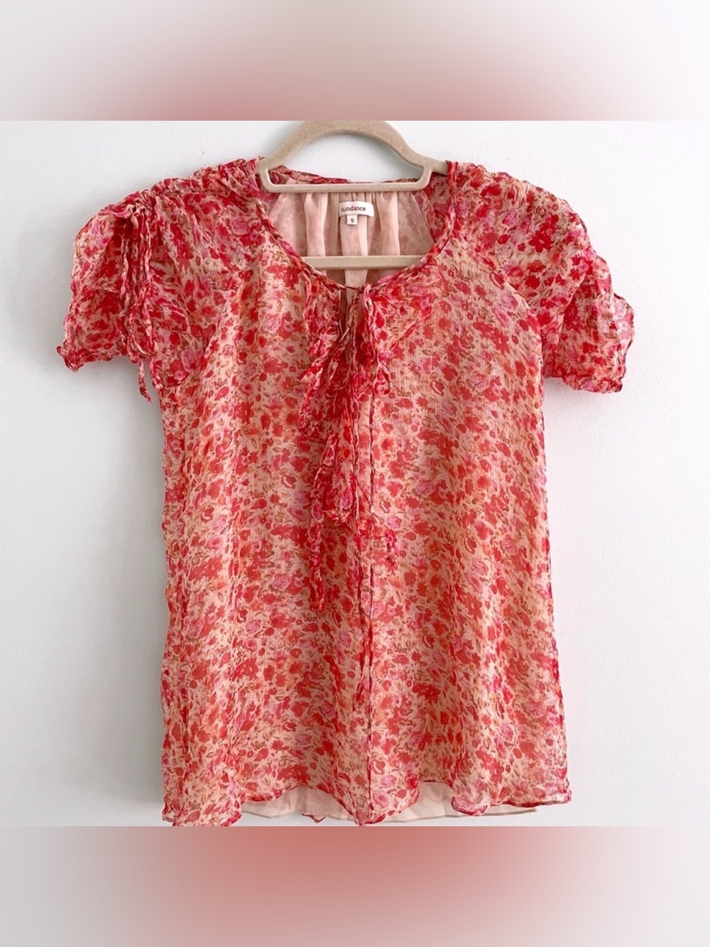 100% silk Sundance Floral Tie-Neck Short Sleeve Blouse - Pink/Peach